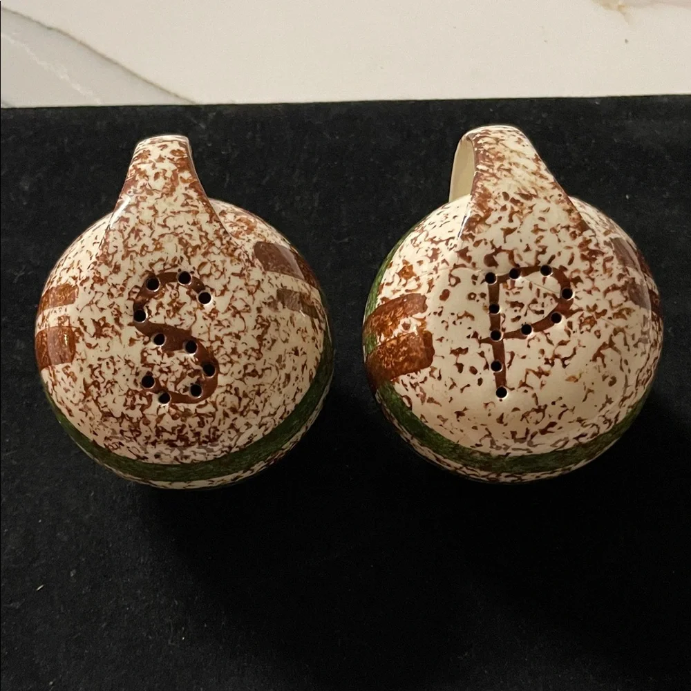 Speckled Ceramic Salt and Pepper Shakers with Green Band